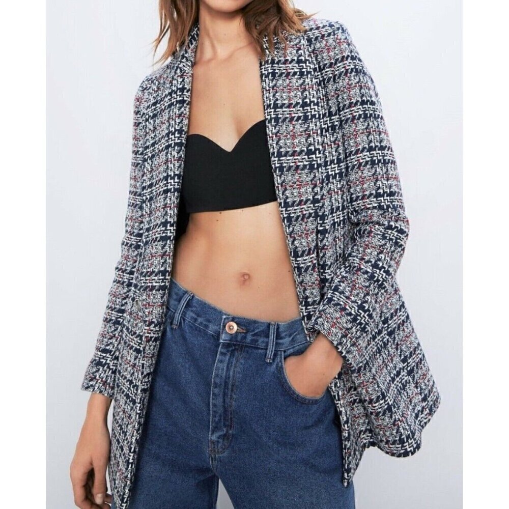 New ZARA Textured Tweed Double Breasted Checked Blazer Jacket - Spain